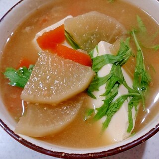 大根と水菜と絹ごし豆腐の味噌汁(圧力鍋)